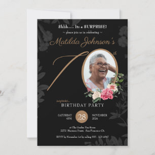 Black Floral Custom Photo Surprise 70th Birthday  Invitation