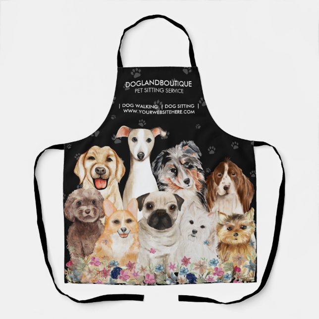 Black Floral Cute Pet Sitter Dog Groomer Apron (Front)