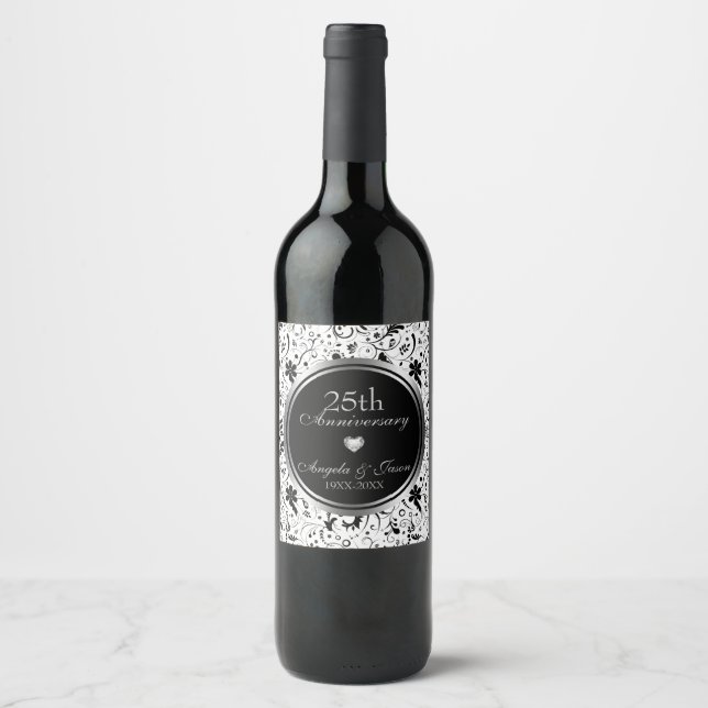 Black Floral Damask - 25th Anniversary Wine Label (Front)