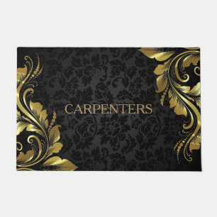 Black Floral Damask And Metallic Gold Lace Doormat