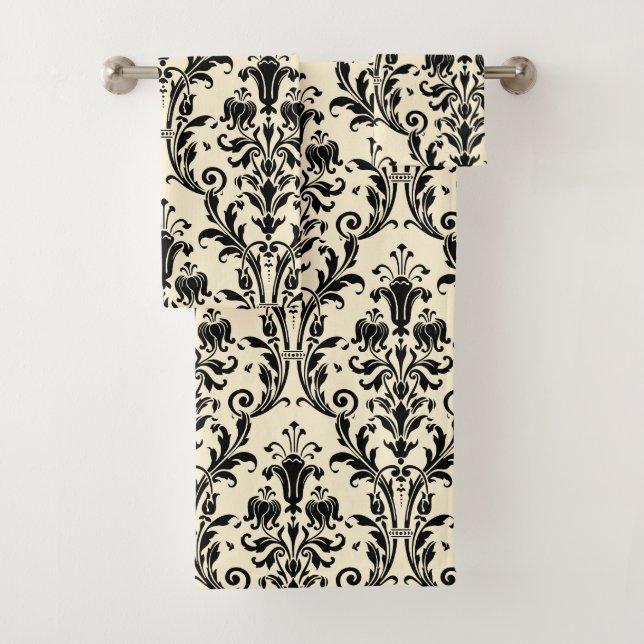 Black Floral Damask On Creamy Beige Vanilla Bath Towel Set (Insitu)