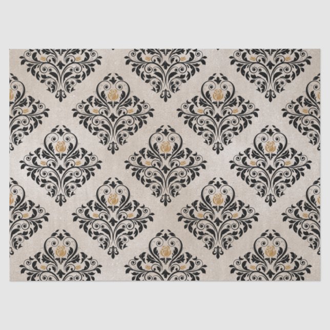 Black Floral Damask on Tan Decoupage Tissue Paper (Front)