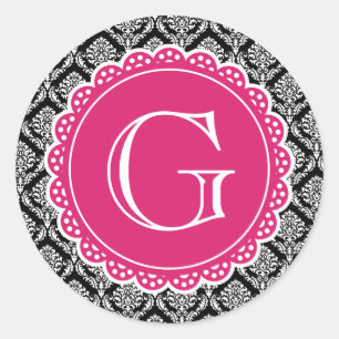Black Floral Damask Pattern Hot Pink Monogram Classic Round Sticker