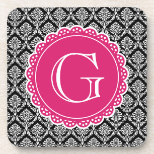 Black Floral Damask Pattern Hot Pink Monogram Coaster