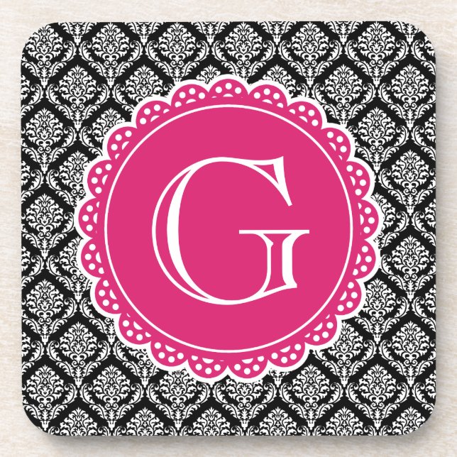 Black Floral Damask Pattern Hot Pink Monogram Coaster (Front)