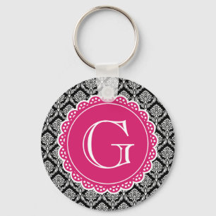Black Floral Damask Pattern Hot Pink Monogram Keychain