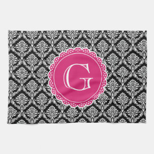 Black Floral Damask Pattern Hot Pink Monogram Kitchen Towel