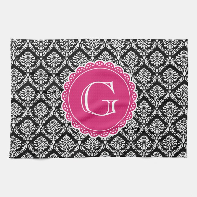 Black Floral Damask Pattern Hot Pink Monogram Kitchen Towel (Horizontal)