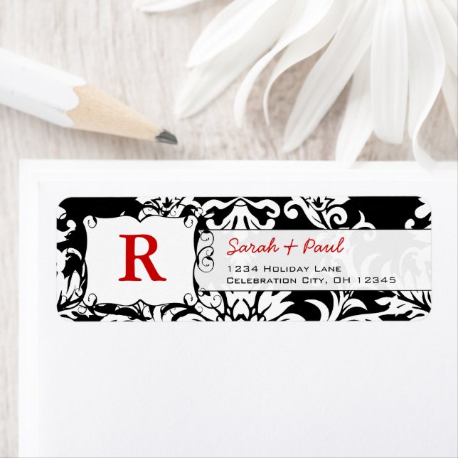 Black Floral Damask Red Font Return Address Label (Insitu)
