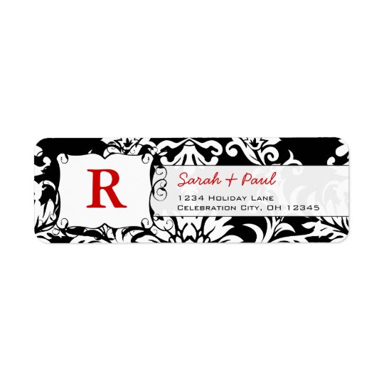 Black Floral Damask Red Font Return Address Label