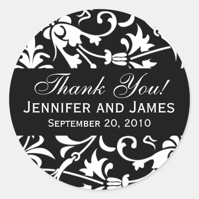 Black Floral Damask Wedding Thank You Labels (Front)