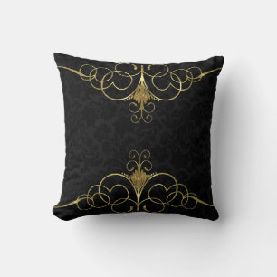 Black Floral Damasks & Gold Swirly Frame Throw Pillow