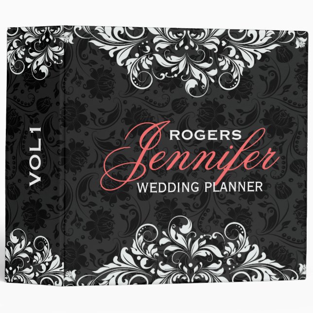 Black Floral Damasks White Lace Lace Binder (Front/Spine)