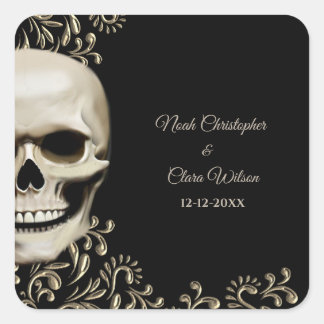 Black floral dark moody gothic skull halloween square sticker