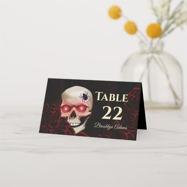 Black floral dark moody gothic skull red roses place card (Front)