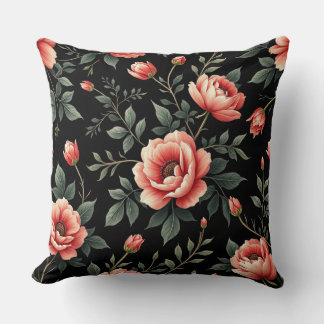Black Floral Dream Throw Pillow
