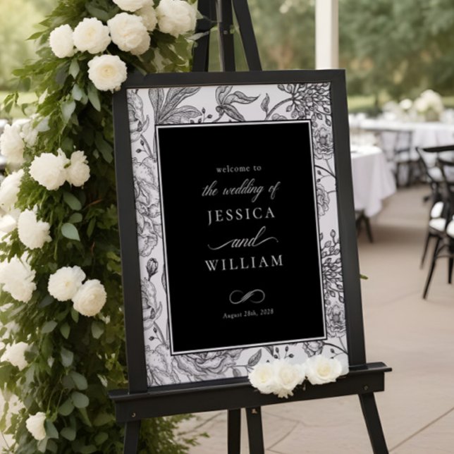 Black Floral Elegant Mariage Affiche de bienvenue (Créateur téléchargé)