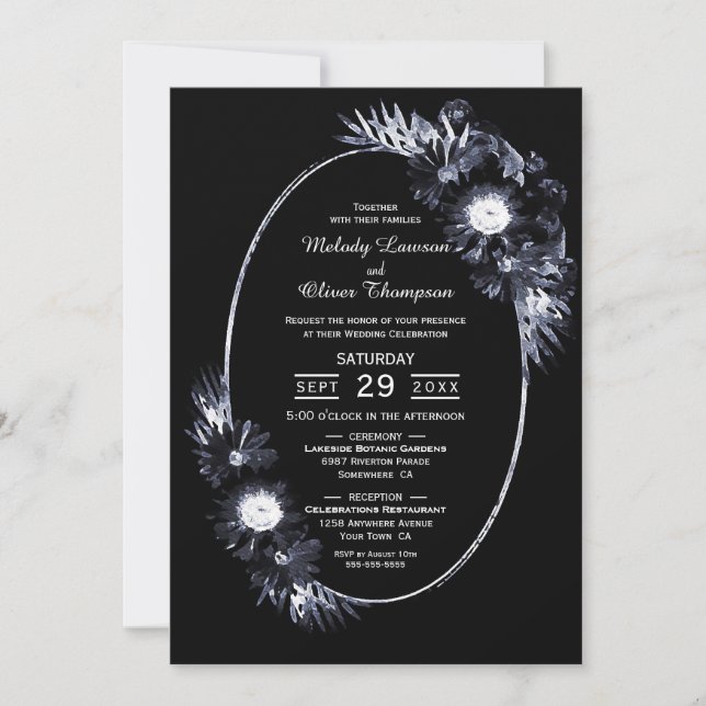 Black Floral Faire-part de mariage ovale (Devant)