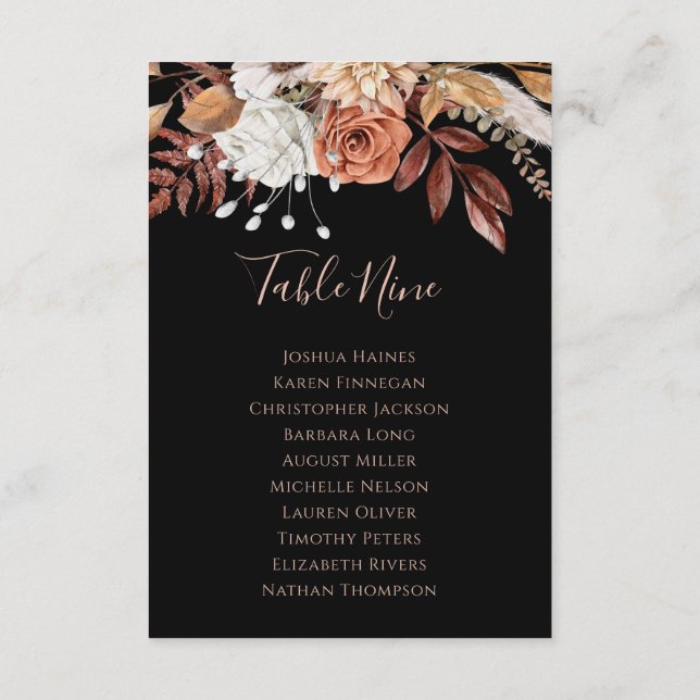 Black Floral Fall Wedding Seating Chart Table Plan (Back)