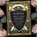 Black Floral Fantasy Sword Shield Monogram Wedding Invitation<br><div class="desc">Invite your wedding guests with this Medieval Fantasy Monogram design. This design is perfect for couples seeking a regal, yet modern-day medieval fantasy aesthetic. Personalize the text, font, and colors to suit your design preferences. Matching Items in our shop for a complete party theme. PLEASE NOTE: the gold in this...</div>