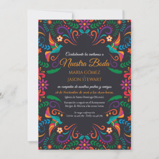 Black Floral Fiesta Colourful Boda Spanish Wedding Invitation