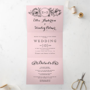 Black floral frame and initials blush pink wedding Tri-Fold invitation