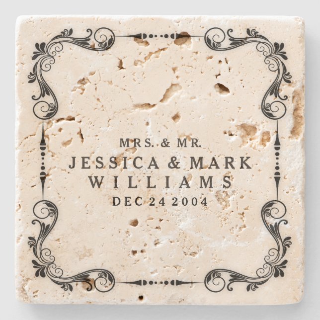 Black Floral Frame Customizable Wedding Gift Stone Coaster (Front)