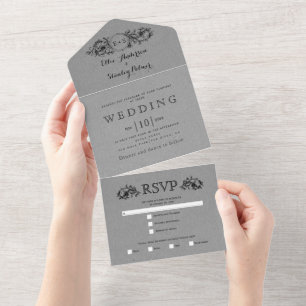 Black floral frame grey kraft paper wedding  all in one invitation