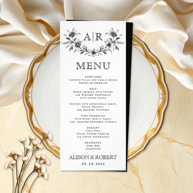 Black floral frame with monogram wedding menu card (Creator Uploaded)