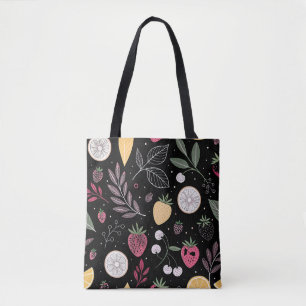 “Black Floral Fruit Pattern Tote Bag” Bag
