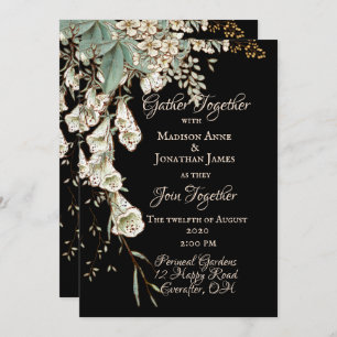 Black Floral Garland Script Elegant Wedding Invitation