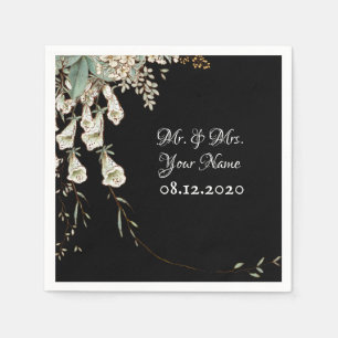 Black Floral Garland Script Elegant Wedding Napkin