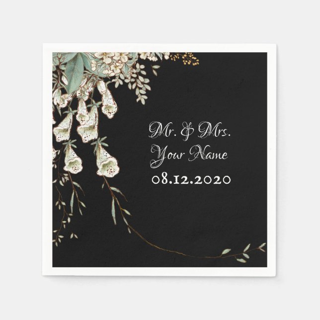 Black Floral Garland Script Elegant Wedding Napkin (Front)