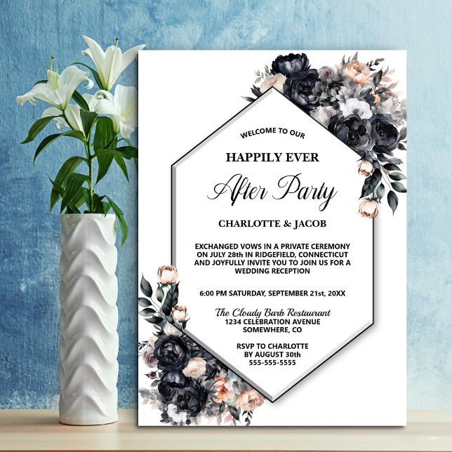 Black Floral Geometric Elopement Wedding Reception Invitation (Creator Uploaded)