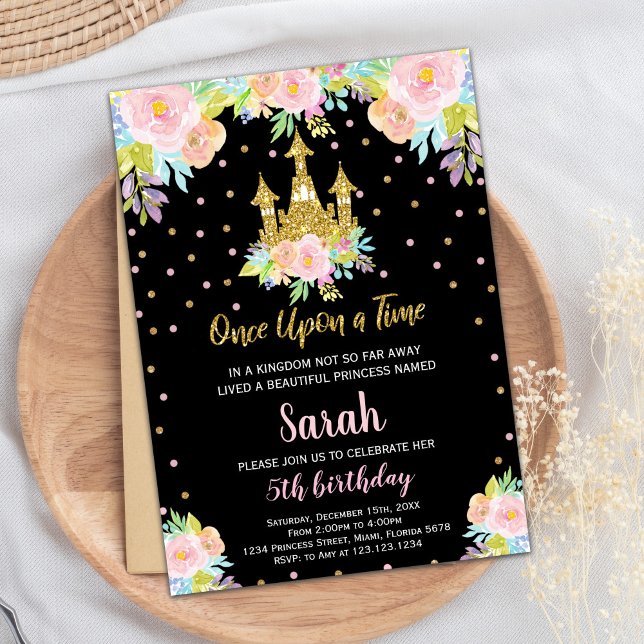 Black Floral Glitter Princess Birthday Invitation (Black Floral Glitter Princess Birthday Invitation)