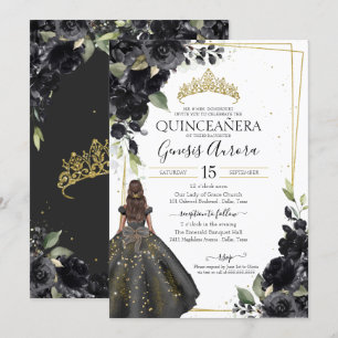 Black Floral Gold Accent Elegant Quinceanera Invitation