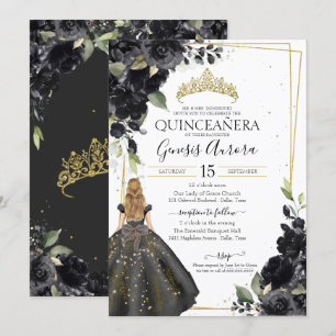 Black Floral Gold Accent Elegant Quinceanera Invitation