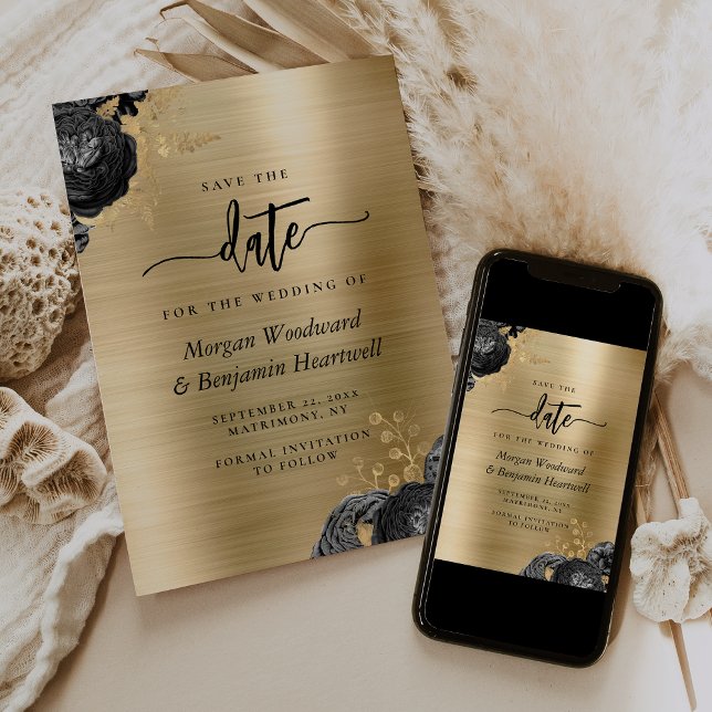 Black Floral Gold Glam Wedding Save the Date Invitation (Creator Uploaded)