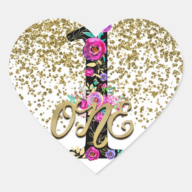 Black Floral Gold Glitter ONE 1 1st Birthday Party Heart Sticker (Front)