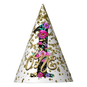 Black Floral Gold Glitter ONE 1 1st Birthday Party Party Hat