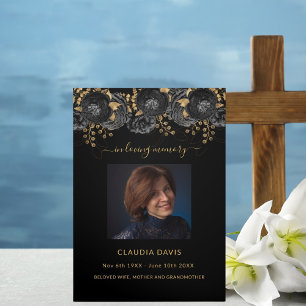 Black floral gold photo tri-fold funeral program
