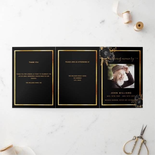 Black floral gold photo tri-fold funeral program announcement (Outside)