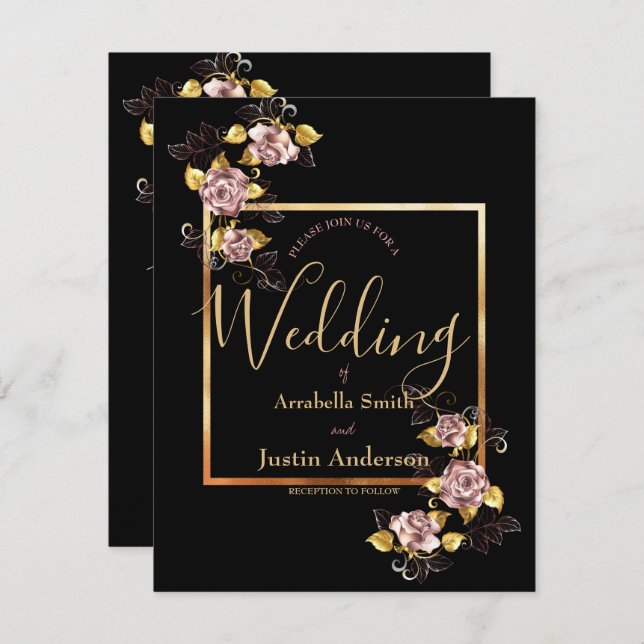 Black Floral Gold Script Elegant Wedding   Invitation (Front/Back)