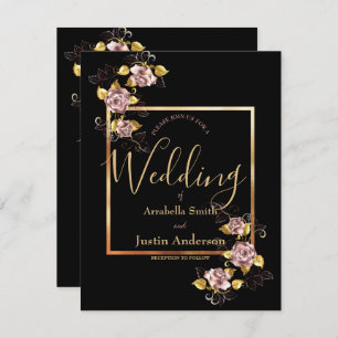 Black Floral Gold Script Elegant Wedding Invitation