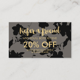 Black Floral Gold Text Grey Salon Referral Card