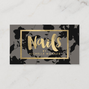 Black Floral Gold Text Nail Salon Grey Business Card