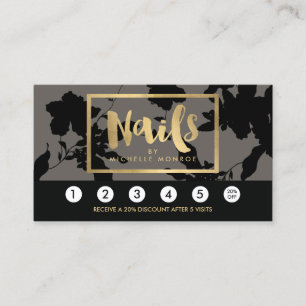Black Floral Gold Text Nail Salon Grey Loyalty Card