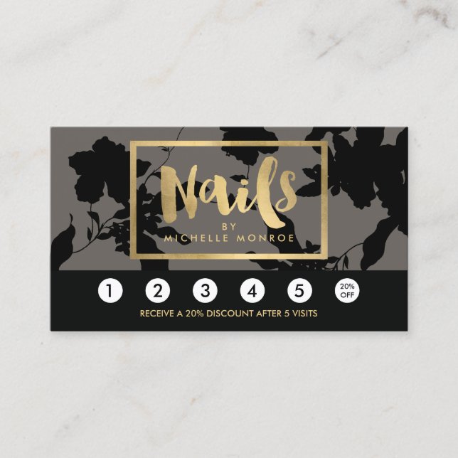 Black Floral Gold Text Nail Salon Grey Loyalty Card (Front)