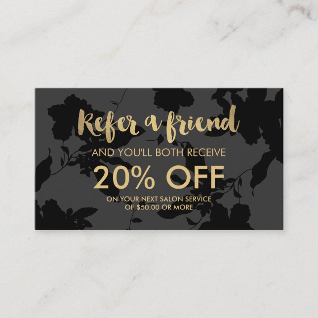 Black Floral Gold Text Salon Referral Card (Front)