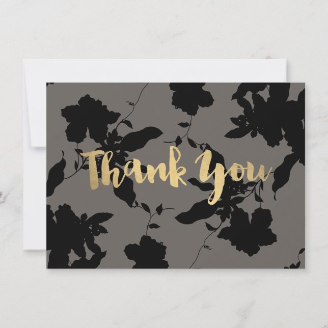 Black Floral Gold Texte Gris Carte de remerciement (Devant)